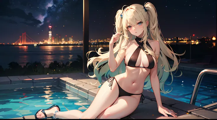 ((Best Quality)), (Ultra-detailed), ((Extremely detailed)), (Beautiful), ((Kawaii Girl)),(two side up hair).,Platinum Blonde Hair,Long hair, hair between eye, Wavy Hair, Long sideburns,Jade-colored eyes, White skin,Normal Chest,Slender body,Cross Halter Bi...