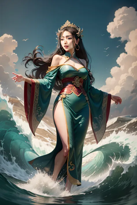 Draw a woman in a green dress standing on a wave, queen of the sea mu yanling, Asian Woman Water Elemental, goddess of the sea, guanyin of the southern seas, Goddess of the sea, inspired by Zhang Yan, wearing a long flowing robe, zhang daqian, flowing hair...