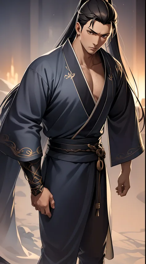 quadratic element，style of anime，mtu（Male Warrior），The proportions are correct，Face details，swordsmen，High ponytail hairstyle，Neck details，There is an Adams apple，Black Hanfu，kaftan，black toga，clothes details，Handing over，longer sleeves，Game quality，Swords...