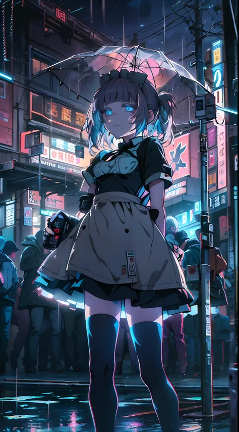 night, colorful cyberpunk city background, rain, street, maid girl, nazuna nanakusa,yofukashi no uta, blue eyes, shining eyes, b...