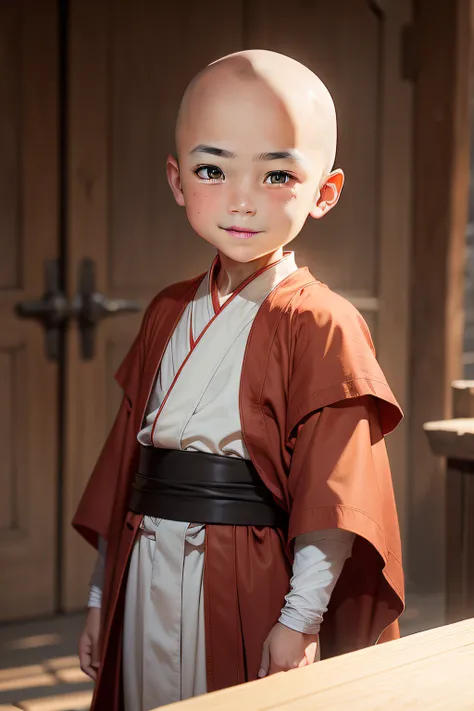 younge boy，bald-headed，Wearing a clean and neat monks robe，ssmile，