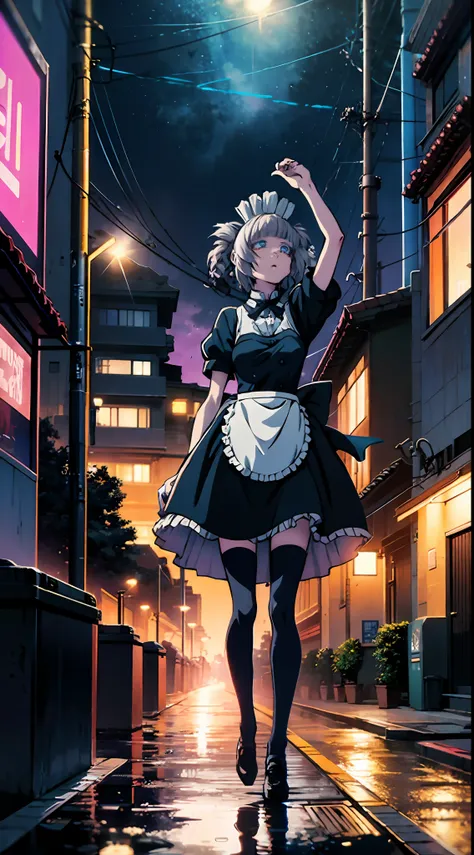 night, colorful cyberpunk city background, rain, street, maid girl, Nazuna Nanakusa,yofukashi no uta, blue eyes, white hair shining eyes, black stockings, backlit, glow, looking up audience, low angle lens, looking up lens, perfect composition, perfect lig...