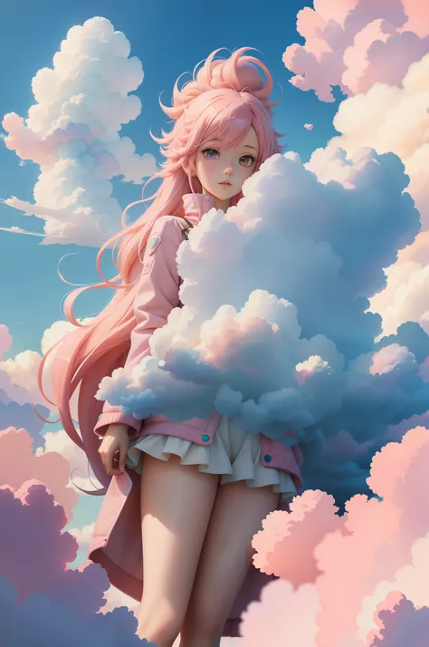 Anime girl with pink hair and pink coat holding a big pile of white clouds, fluffy pink anime clouds, Anime Cloud, girl clouds, cloud goddess, beautifull puffy clouds. anime big breast, made of cotton candy, giant clouds, dark stormy clouds, cumulus cloud,...