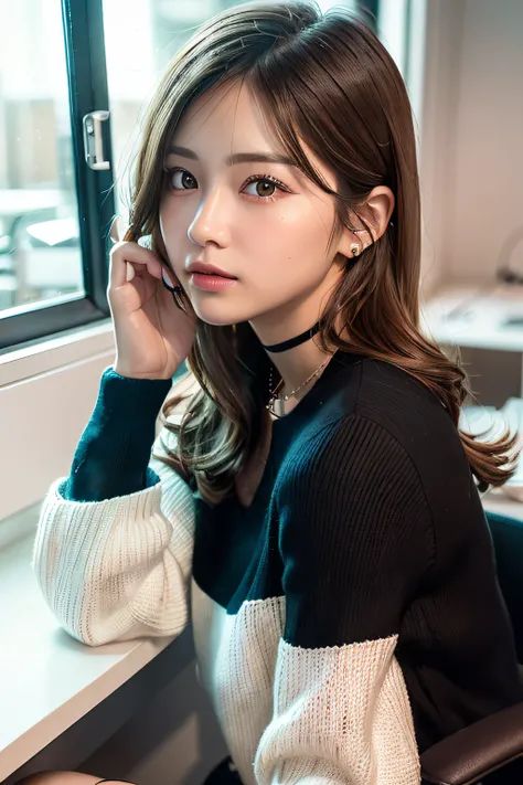 A Classy and Cute girl, {wearing a classy (white) knit sweater}, {(black) (long) ruffled skirt}, close the button, (wearing an employee ID card around the neck), 
Detailed eyes, symmetric eyes, Light Brown eyes, Double eyelids, Thin eyebrows, Glossy lips, ...