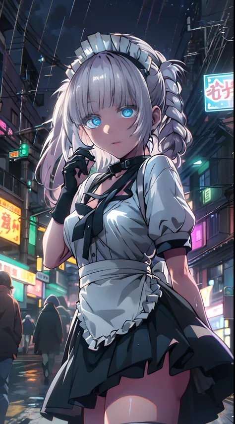 night, colorful cyberpunk city background, rain, street, maid girl, Nazuna Nanakusa,yofukashi no uta, blue eyes, white hair shining eyes, black stockings, backlit, glow, looking up audience, low angle lens, looking up lens, perfect composition, perfect lig...