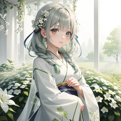 watercolor paiting(Beautifully Aesthetic:1.2)、(1girl in:1.3)、(Gray and green hair,:1.2)、natta、colourfull、starrysky、sacredness、White Gypsophila elegans flowers、White Gypsophila elegans are blooming、Fantastical、happily face、Wearing a green and white kimono、