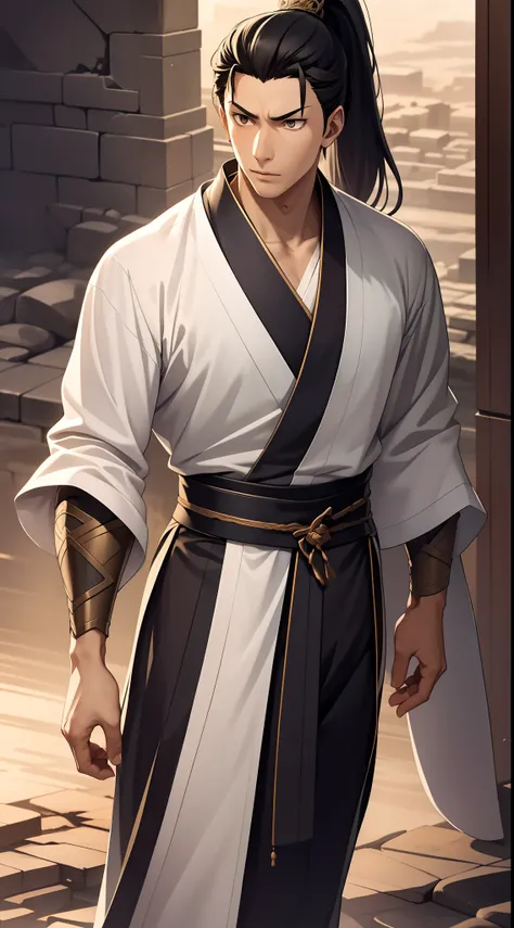 quadratic element，style of anime，mtu（Male Warrior），The proportions are correct，Face details，swordsmen，High ponytail hairstyle，Neck details，There is an Adams apple，Black Hanfu，kaftan，black toga，clothes details，Handing over，longer sleeves，Game quality，Swords...