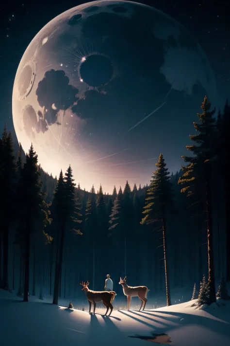 2D illustration Modernism Two deer, one male and one female, vista, night, moon in the sky, deep in the woods