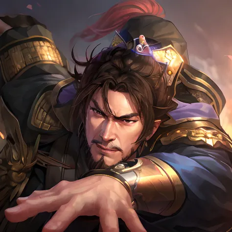 A strong man，Armour，Xiang Yu，Western Chu overlord，without helmet，with hair dishevelled，Domineering