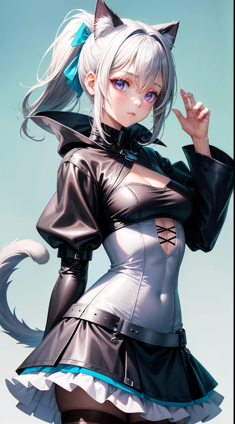 young girl, short gray hair, cat ears, high ponytail, violet eyes, Black leather tight top, white puffy sleeves, black skirt, pantyhouse, turquoise cloak, open breasts, Masterpiece, hiquality