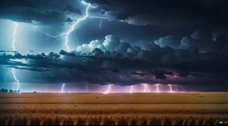 It rained heavily at night，On an empty wheat field，A flash of lightning flashed，Storm, rain, lightning，A large flock of crows hovers around the haystacks，a realistic style，character splash art，Ultra photo realsisim，hyper HD，8K