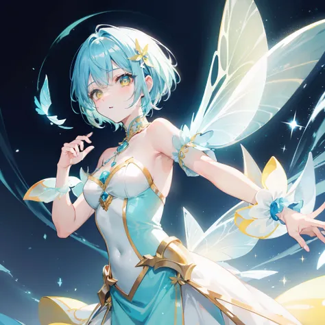 Cooler background，Shiny bluish yellow curved short hair，Big yellow eyes，Wearing a clear cyan with light yellow fairy costume，The fairy air is fluttering with a feeling of glow，Like a fairy