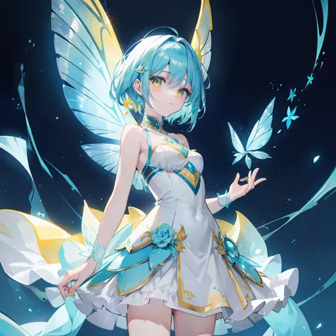 Cooler background，Shiny bluish yellow curved short hair，Big yellow eyes，Wearing a clear cyan with light yellow fairy costume，The fairy air is fluttering with a feeling of glow，Like a fairy