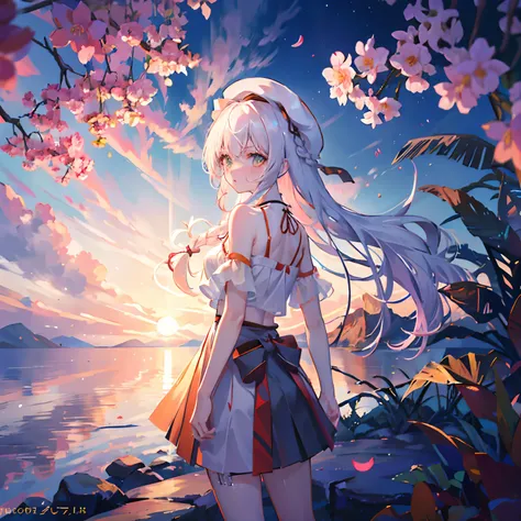 ｛1girll，独奏｝，suns，sandbeach，Red ribbon，beret，back to look back，glowing light eyes，Reflecting seawater，Mirror-like reflection，Colorful petals，eventide，extreme light，Coconut Tree，evening light，mountain in the distance，（T-shirt：1.2），A flowing coat，A flowing pl...