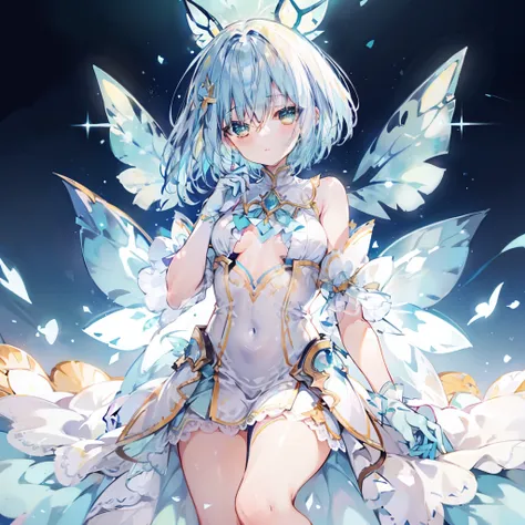 cooler background，shiny bluish yellow curved short hair，big yellow eyes，wearing a clear cyan with light yellow fairy costume，the...