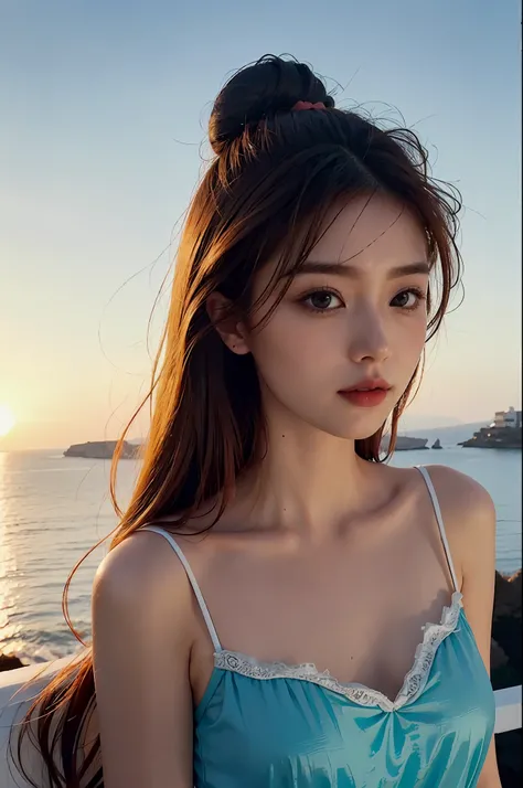 A young and beautiful、Cute and charming girl，Comb your ginger hair in a ginger bun，Wear glamorous makeup，Watch the sunset in Santorini, Greece。looks into camera，bust，realisticlying，超高分辨率，camisole，