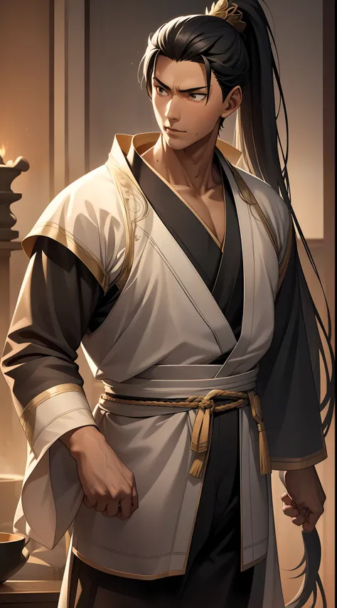 quadratic element，style of anime，mtu（Male Warrior），The proportions are correct，Face details，swordsmen，High ponytail hairstyle，Neck details，There is an Adams apple，Black Hanfu，kaftan，black toga，clothes details，Handing over，longer sleeves，Game quality，Swords...