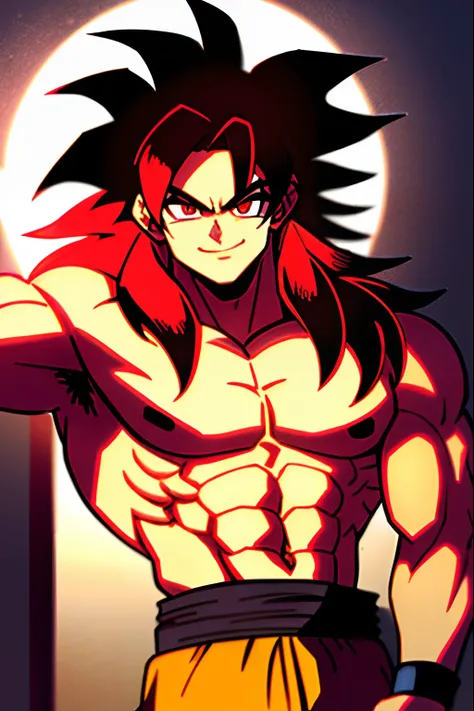 Son Goku Kuro， 1boy， The light from the back window is backlighted， red eyes， golden hair， Black bracelet， Mouth closed， monkeys， lock of hair， raised his hand， Yellow granules， looking at viewert， malefocus， musculous， big muscular man， chest muscle， ssmi...