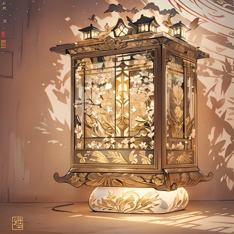 A palace lamp of lamp shadow beef made from a sugar rack，The surface of the lamp has a rich image pattern，The overall palace lamp is transparent，delicated，Beautiful ,in the style of the stars art group xing xing, 32K, Best quality, Masterpiece, Super detai...