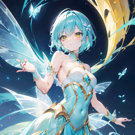 Cooler background，Shiny bluish yellow curved short hair，Big yellow eyes，Wearing a clear cyan with light yellow fairy costume，The fairy air is fluttering with a feeling of glow，Like a fairy