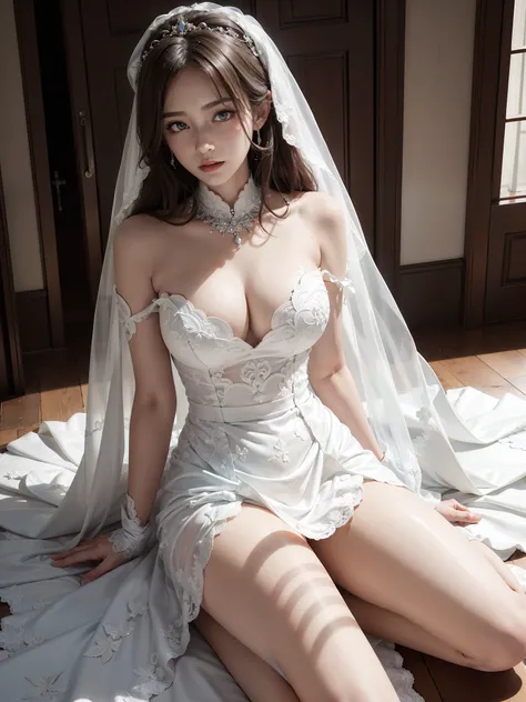 （（best qualtiy））， （（tmasterpiece））， （A detailed）， white wedding gown，Leaky big breasts，Leaky thighs