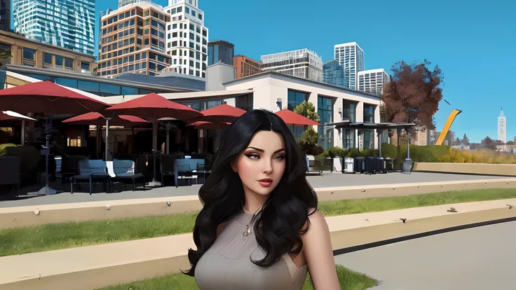 there is a woman that is standing in the grass near a building, detailed long black hair, digital art of an elegant, city in the background, in style of digital illustration, realistic artstyle, in the city, beautiful screenshot, city in background, urban ...