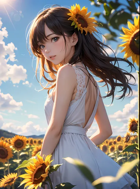 (beste-Qualit、in 8K、32K、​masterpiece、RHG:1.3)、(a photorealistic:1.4)、Photo of Pretty Japanese woman,Small hair ornament、actionpose、Sleeveless white summer dress,　sunflowers fields、Sun glare,depth of fields,blurry backround,lensflare,Sunflower background、bl...