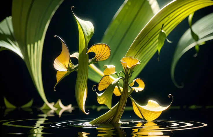 There is a plant that is growing out of the water, twisting leaves, Organic 8K art photography, draped with water and spines, plant photography, vertical wallpaper, golden organic structures, soft organic abstraction, flying leaves on backround, macro phot...