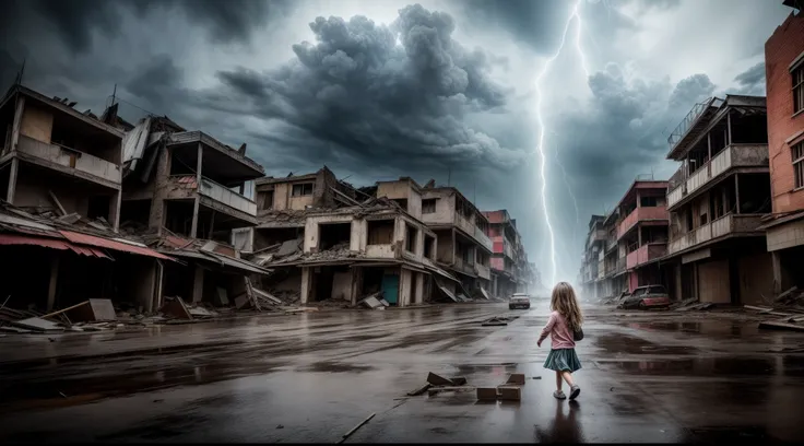 Long-range wide-angle shooting ，Dark weather accompanied by lightning ，A little girl walking on a dilapidated and devastated city street ，There is a huge eye in the sky looking at the little girl ，Broken glass and scattered machines ，cinematic lighting, ma...