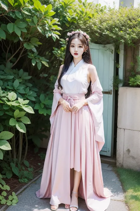 Flower Sea Girl Hanfu Wear a fluent long skirt Wear a gorgeous Hanfu Loose skirt Wear a long skirt Pink long skirt Good looking and beautiful Full body photo Clear fingers