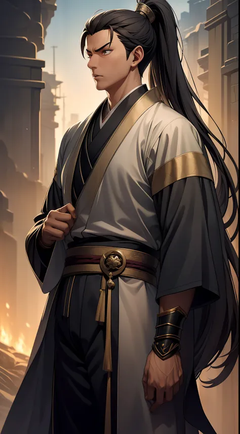 quadratic element，style of anime，mtu（Male Warrior），The proportions are correct，Face details，swordsmen，High ponytail hairstyle，Neck details，There is an Adams apple，Black Hanfu，kaftan，black toga，clothes details，Handing over，longer sleeves，Game quality，Swords...