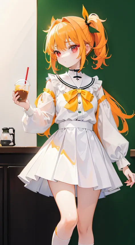 One girl、Orange-yellow hair、poneyTail、white  skirt、frilld、Ribbons、Dark green socks、tmasterpiece、top-quality、Top image quality、Cute Baby Turtle、Red eyes、（（（white backgrounid）））、Holding a white coffee drink,