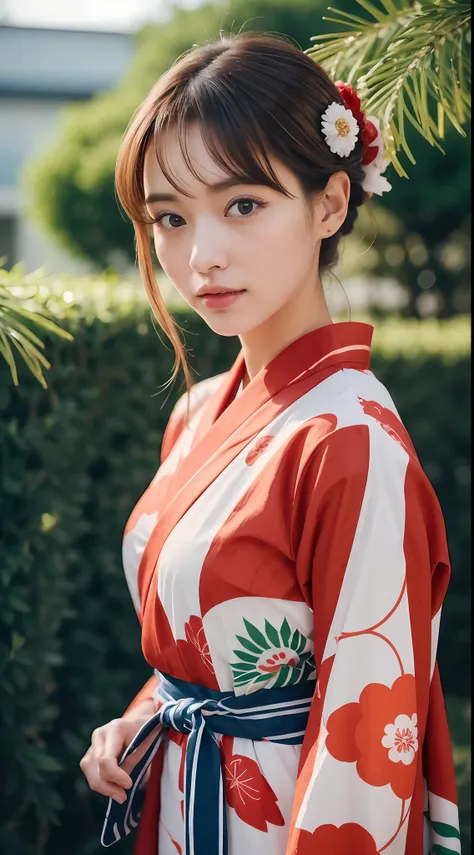 (In the bustling landscape of festivities:1.2)、30-year-old young woman vividly emerges in 8K top quality footage、(Wearing a yukata with a red pattern on white:1.2)、Its cuteness and beauty are fused、Beautiful detailed style and beautiful detailed face、Looks...