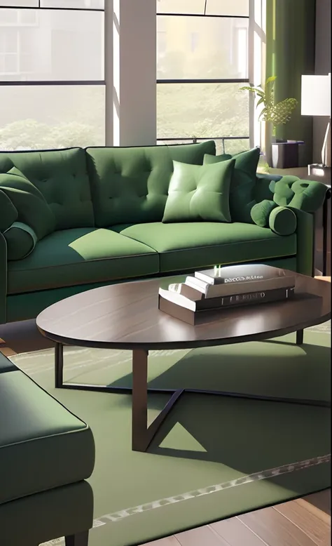 (coffee table, Green sofa, Living room 1.2)，Soft green，Maximalism，Dark green color scheme，Vray rendering，high quality rendering，detailed archviz render，High-quality 3D rendering，Realistic 3D rendering，Award-winning renderings，