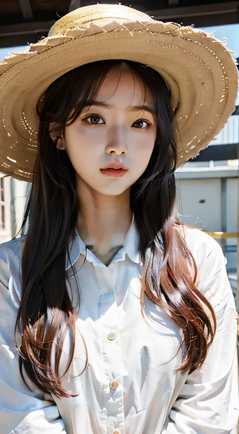 Long haired woman in straw hat and white shirt, Realism, Gorgeous young Korean woman, Asian girl with long hair, Beautiful young Korean woman, ulzzangs, beautiful Korean women, young cute wan asian face, Korean girl, young lovely Korean faces, Beautiful As...