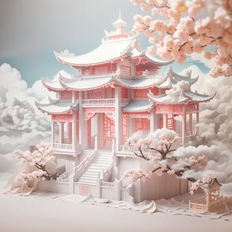 Chinese cornice pavilion,(Paper carving:1.5),Tilt-Shift,  (Sea of white clouds:1.5), (White clouds:1.5), (peach blossom:1.2),Soft lighting，Oriental elements, Dreamy, Pastel colors, Bright colors, Traditional Chinese color scheme, ( reasonable design, Clear...