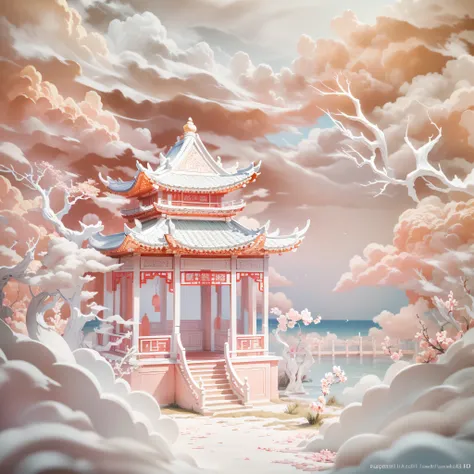 Chinese cornice pavilion,(Paper carving:1.5),Tilt-Shift,  (Sea of white clouds:1.5), (White clouds:1.5), (peach blossom:1.2),Soft lighting，Oriental elements, Dreamy, Pastel colors, Bright colors, Traditional Chinese color scheme, ( reasonable design, Clear...