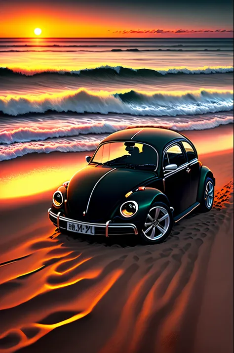 a black Volkswagen Beetle on the beach at sunset, cartoon