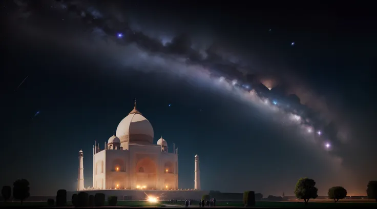 "Imagine a stunning scene : le Taj Mahal majestueux, vu de face, espace. Shooting stars trace their luminous trajectory. Dans ce tableau cosmique, un paon