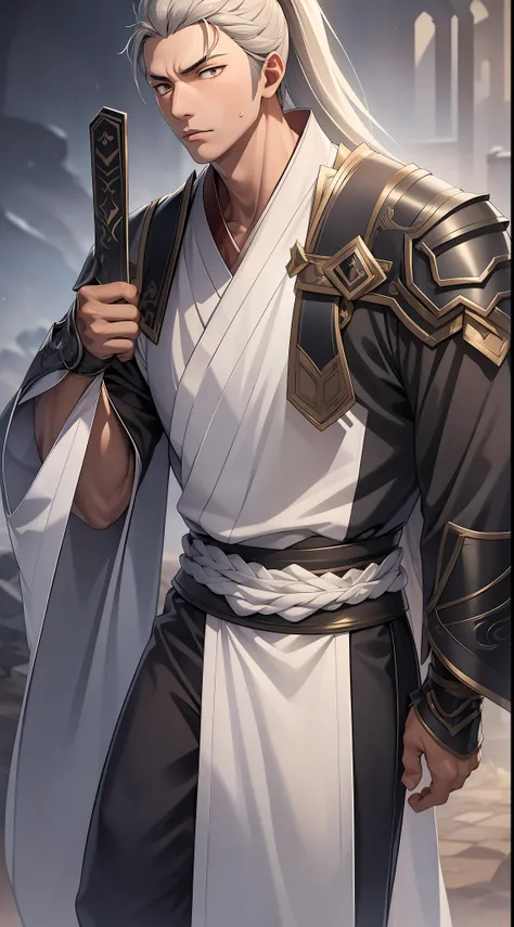 quadratic element，style of anime，mtu（Male Warrior），The proportions are correct，Face details，swordsmen，High ponytail hairstyle，Neck details，There is an Adams apple，Black Hanfu，kaftan，black toga，clothes details，Handing over，longer sleeves，Game quality，Swords...