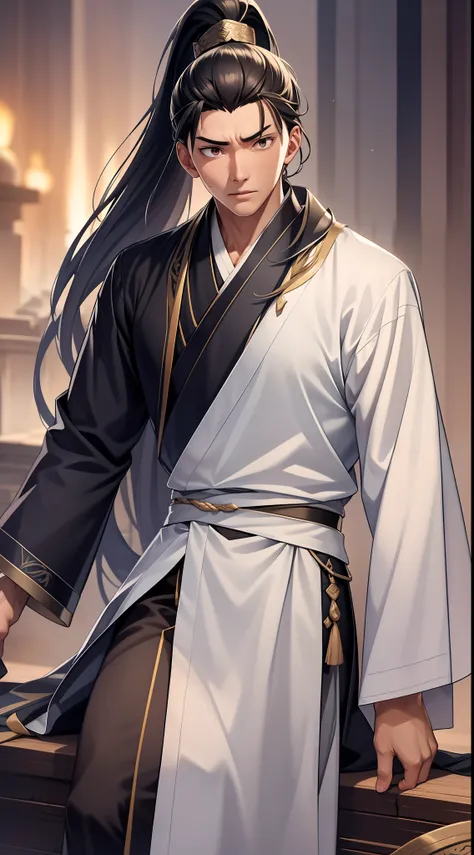 quadratic element，style of anime，mtu（Male Warrior），The proportions are correct，Face details，swordsmen，High ponytail hairstyle，Neck details，There is an Adams apple，Black Hanfu，kaftan，black toga，clothes details，Handing over，longer sleeves，Game quality，Swords...