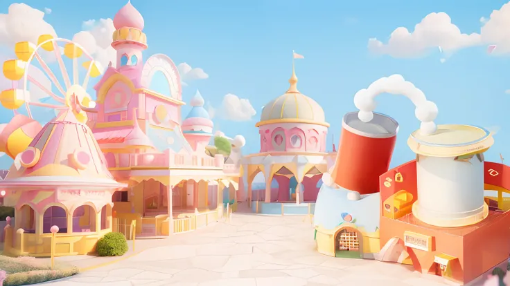 There is a pink and yellow building，The background is the Ferris wheel, 3 d render stylized, kawaii hq render, stylized as a 3d render, stylized 3d render, 3 d stylize scene, (rendering by octane) Fantasy style, beautiful render of a fairytale, fantasy sty...