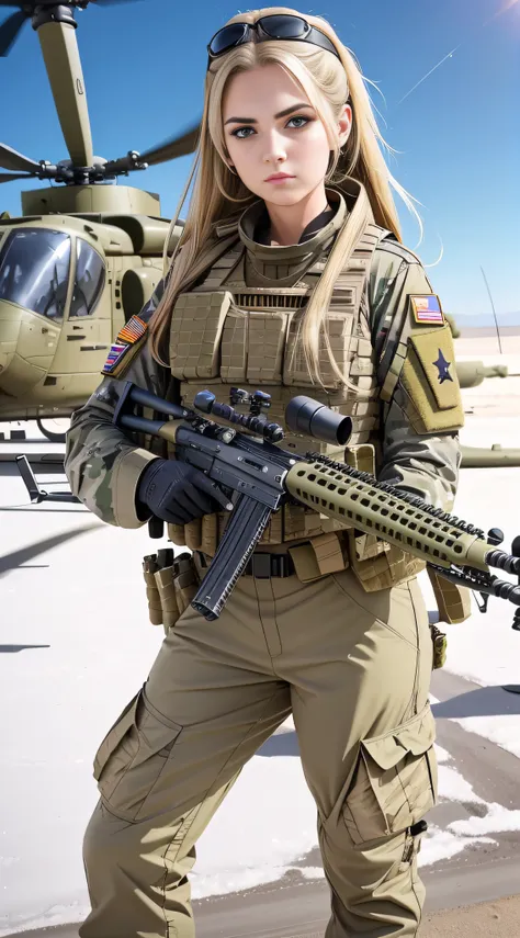 An Allad woman in military uniform holds a rifle in front of a helicopter, beautiful female soldier, military girl, infantry girls, cinematic —ar 16:9, of a sniper girl in war, soldier girl, with rifle, carrying a rifle, Holding a rifle, holding rifle, mec...