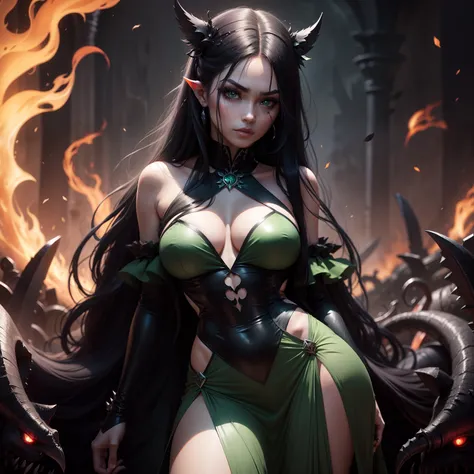 Poison Eve, green long dress, black long hair, with chaos and ready for battle