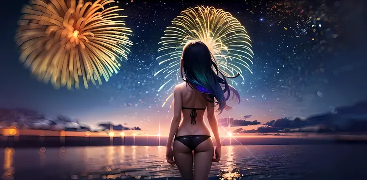 Vast night sky pictures,((Top quality:1.4),(Unparalleled masterpiece),Night Sky: 1.4,(Fireworks: 1.4, Aerial Fireworks: 1.4), highly detailed 8k CG unit,,Bokeh,Depth of field,, Beach, Sea, Volumetric Lighting,(Dynamic Composition: 1.4),Bikini girl standing...