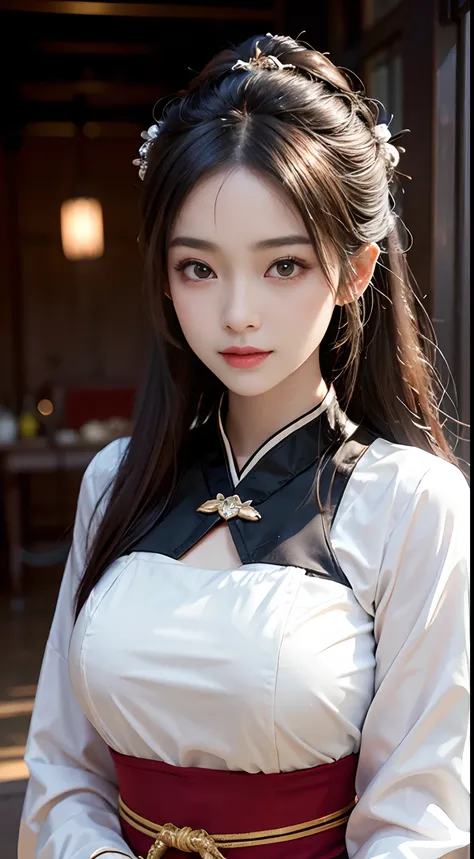 8K, hyper-high detail, a big breast chinese girl, Cute face, cheerfulness, Long hair, Impressive hairstyle, A pair of bright and reverent eyes，The eyebrows are slender and elegant，The slightly curved eyebrow shape exudes confidence and charm。Her nose is sm...