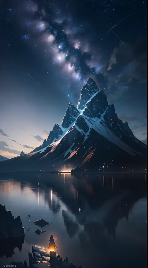 Starry Sky with Mountains and Lake, Jessica Rossier, Inspired by Jessica Rossier, Jessica Rossier Fantasy Art, Concept Art Magic Highlights, Official Artwork, Dream Painting, Ethereal Realm, Atmospheric artwork, dreamy matte paintings, serene endless stars...