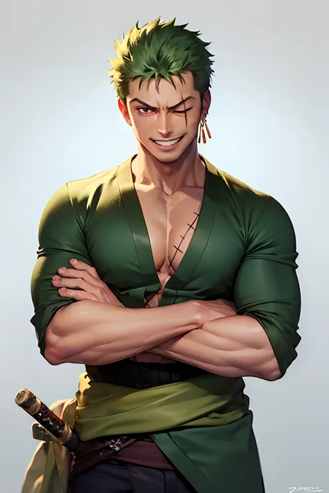 (masterpiece, best quality:1.2), cowboy shot, solo, male focus, 1boy, roronoa zoro, scar, muscular male, grin, looking at viewer...