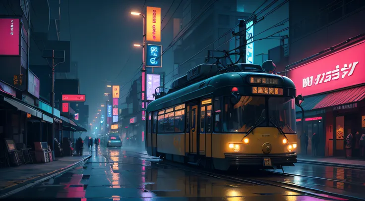 ((masterpiece)),((best quality)),((high detial)),((realistic,))  Bridges, rainy Night, Neon, japan architecture flying transports, futuristic tram , Neo Tokyo futurisctic city future, cyberpunk 2077, neon fog, traditional architecture, blade runner 2049, s...