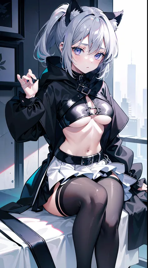 young girl, short gray hair, cat ears, high ponytail, violet eyes, Black leather tight top, white puffy sleeves, black skirt, pantyhouse, turquoise cloak, open breasts, naked breasts, , Masterpiece, hiquality